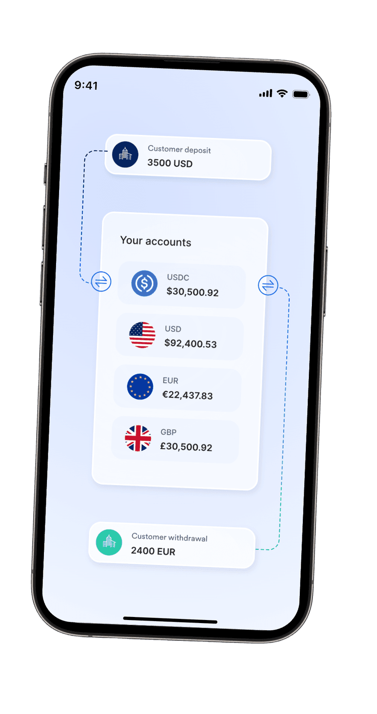 Paytriot mobile app showing customer deposits and multi-currency accounts